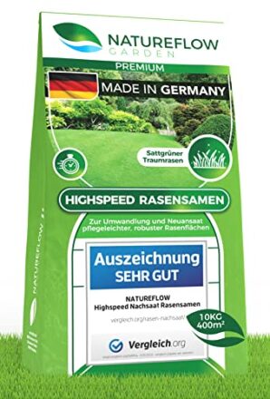 Rasensamen schnellkeimend 10kg - SEHR GUT getestet - Schnell wachsender Rasen Made in Germany - Premium Grassamen schnellkeimend - Rasensaat für sattgrünen, unkrautfreien Traumrasen - Rasensamen 10kg  
